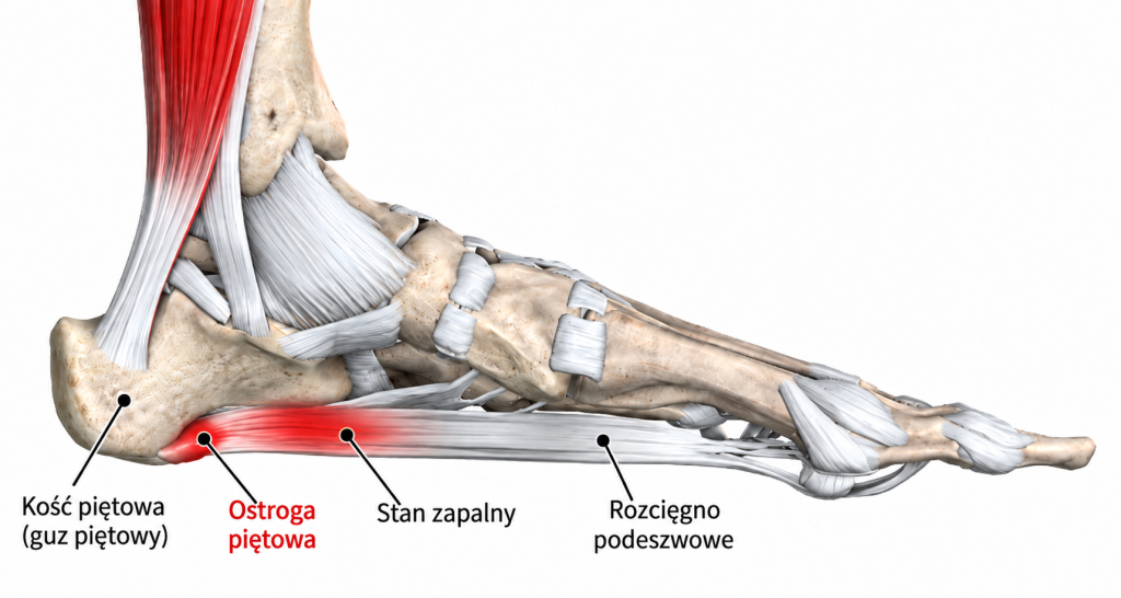 Schemat anatomiczny ostrogi piętowej dolnej, kości piętowej i rozcięgna podeszwowego.